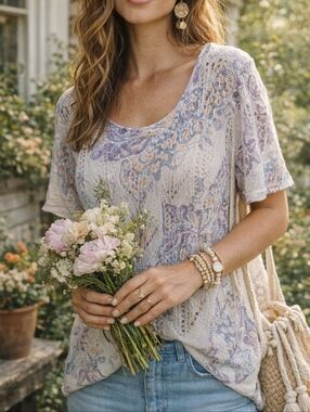 Chico’s Linen Blend Floral Knit Top Size 4‎ XXL Boho Lightweight Spring Summer